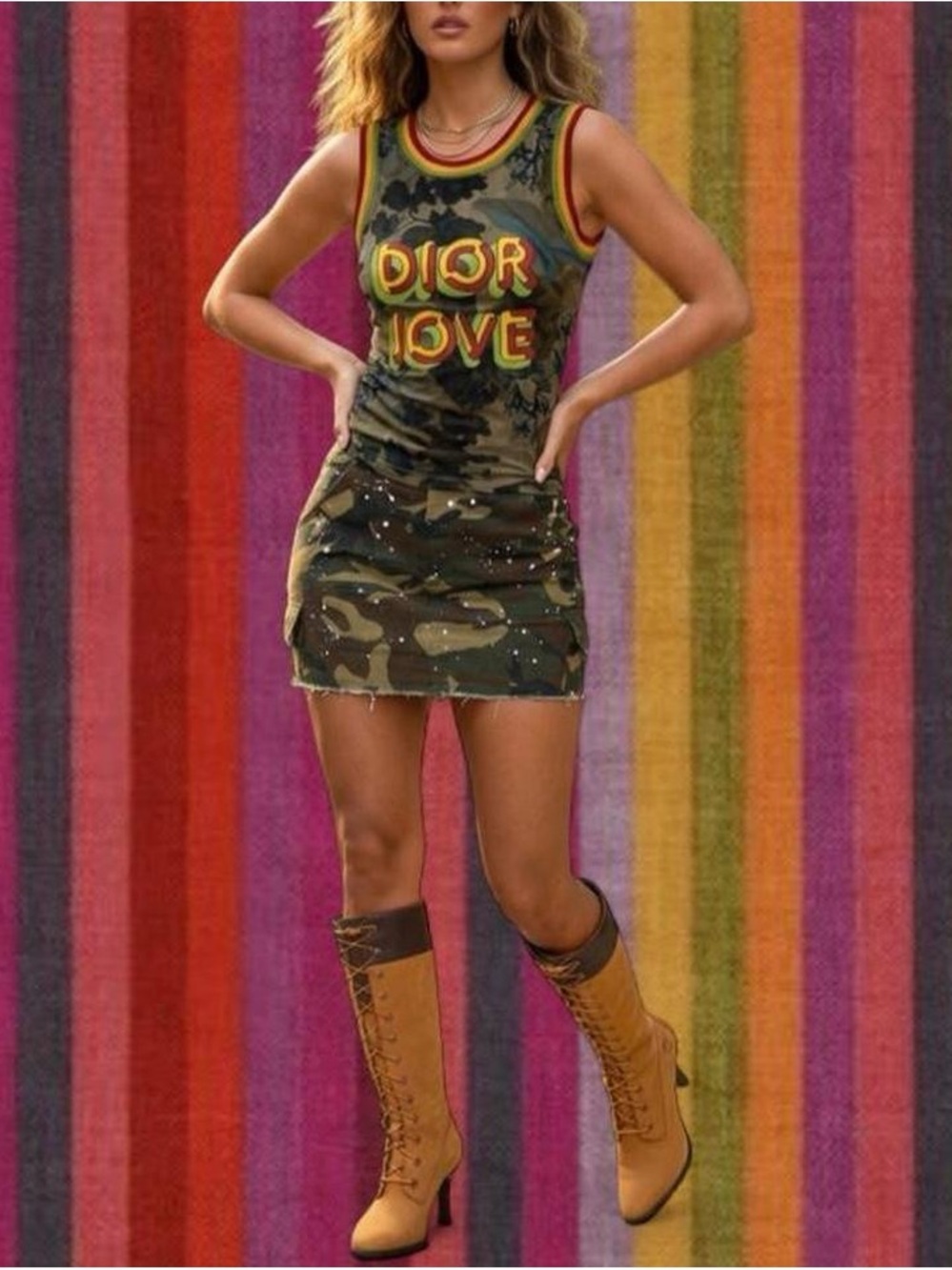 Fashion Nova Olive Camo Mini Dress with Yellow and Red Logo